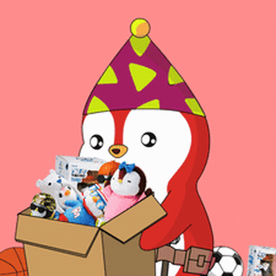 A Penguin Wearing A Party Hat Is Holding A Cardboard Box Full Of Toys GIF