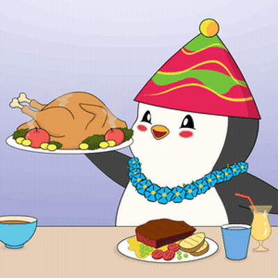 A Penguin Wearing A Party Hat Is Holding Up A Plate Of Food GIF