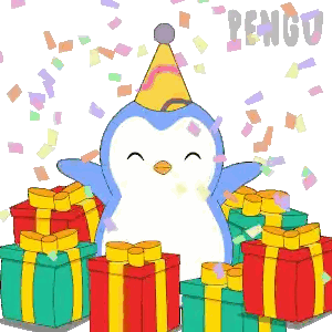 A Penguin Wearing A Party Hat Is Surrounded By Gifts And Confetti Sticker