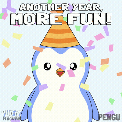 A Penguin Wearing A Party Hat With The Words Another Year More Fun GIF