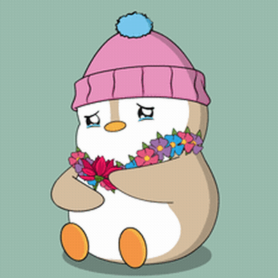 A Penguin Wearing A Pink Hat And Holding A Flower GIF