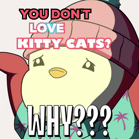 A Penguin Wearing A Pink Hat Says You Do N't Love Kitty Cats Why?? GIF