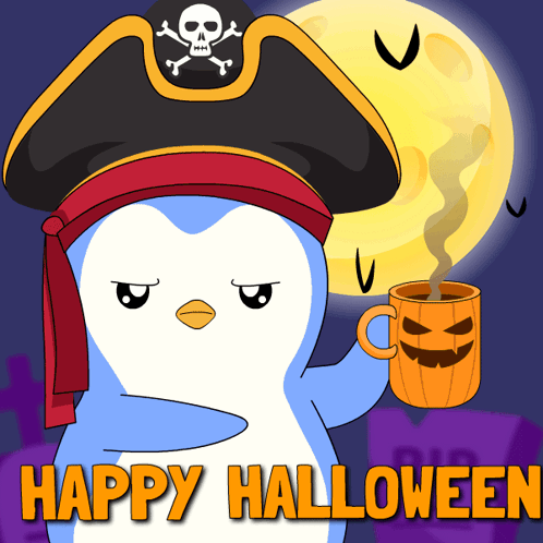 A Penguin Wearing A Pirate Hat Is Holding A Pumpkin And The Words Happy Halloween Are Below It GIF