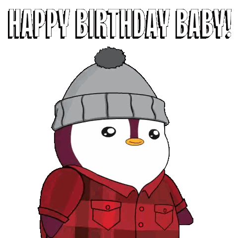 A Penguin Wearing A Plaid Shirt And A Gray Hat Says Happy Birthday Baby Sticker