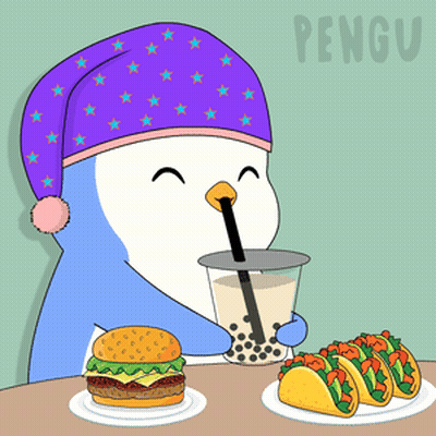 A Penguin Wearing A Purple Hat Is Drinking A Drink While Eating A Hamburger And Tacos GIF
