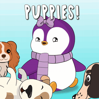 A Penguin Wearing A Purple Scarf Is Surrounded By Other Puppies GIF