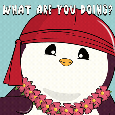A Penguin Wearing A Red Bandana And Flowers Around Its Neck Is Asking What Are You Doing GIF