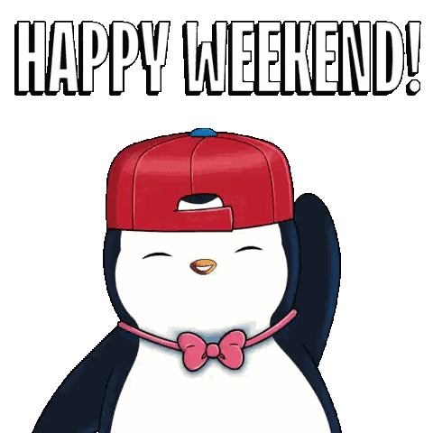 A Penguin Wearing A Red Hat And A Bow Tie Says " Happy Weekend " Sticker