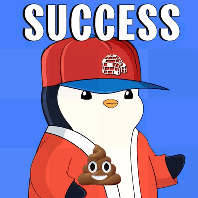 A Penguin Wearing A Red Hat And Holding A Pile Of Poop With The Word Success Above It GIF