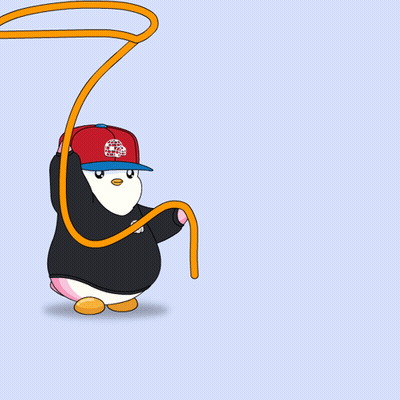 A Penguin Wearing A Red Hat Is Pulling A Large Gold Triangle GIF