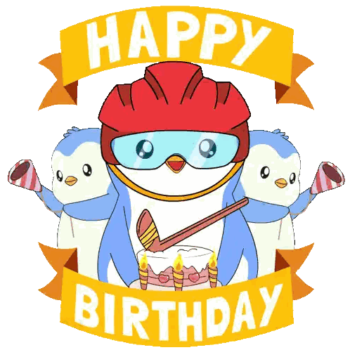 A Penguin Wearing A Red Helmet And Goggles Is Holding A Birthday Cake Sticker