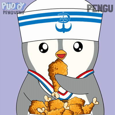 A Penguin Wearing A Sailor Hat Is Eating Fried Chicken From A Bowl GIF