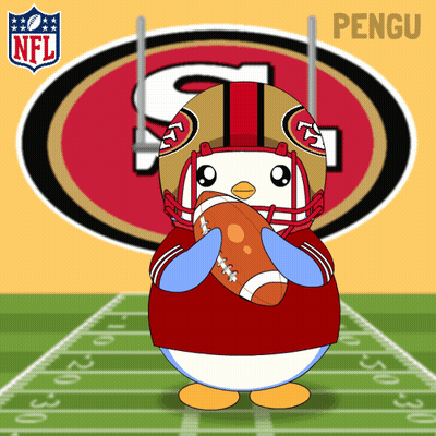 A Penguin Wearing A San Francisco 49Ers Uniform Is Holding A Football GIF