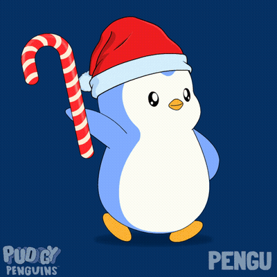 A Penguin Wearing A Santa Hat Holds A Candy Cane GIF