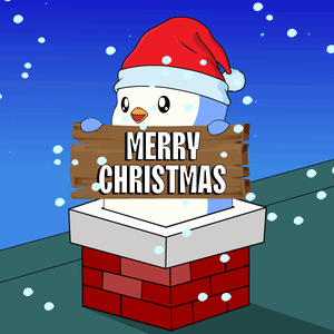 A Penguin Wearing A Santa Hat Holds A Sign That Says Merry Christmas GIF