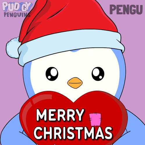 A Penguin Wearing A Santa Hat Is Holding A Red Heart And Wishing Merry Christmas GIF