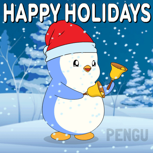 A Penguin Wearing A Santa Hat Is Holding Two Bells And Wishing Happy Holidays GIF