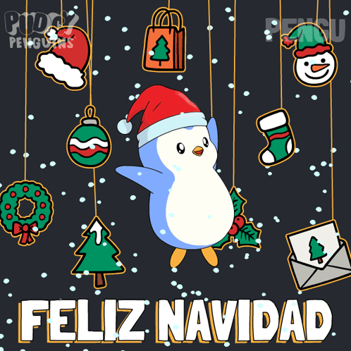 A Penguin Wearing A Santa Hat Is Surrounded By Christmas Ornaments And The Words Feliz Navidad GIF