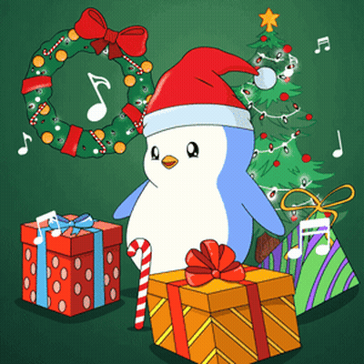A Penguin Wearing A Santa Hat Is Surrounded By Christmas Presents And A Christmas Tree GIF