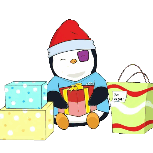 A Penguin Wearing A Santa Hat Sits Holding A Gift Box Sticker
