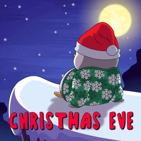 A Penguin Wearing A Santa Hat Sits On Top Of A Snow Covered Cliff With The Words Christmas Eve Below It GIF
