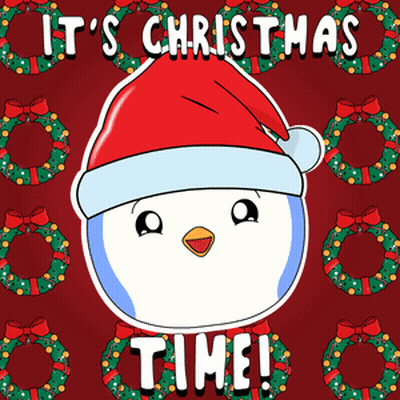 A Penguin Wearing A Santa Hat With The Words It 'S Christmas Time Below It GIF