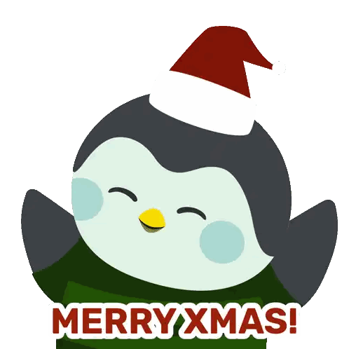 A Penguin Wearing A Santa Hat With The Words Merry Xmas Below It Sticker