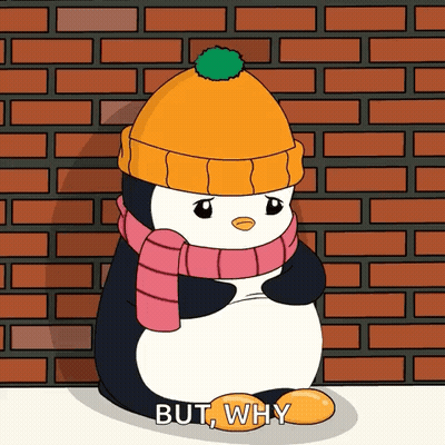 A Penguin Wearing A Scarf And Hat Is Standing In Front Of A Brick Wall And Says But Why GIF