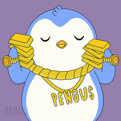 A Penguin Wearing A Shirt That Says ' Pengus ' Is Holding Gold Bars GIF