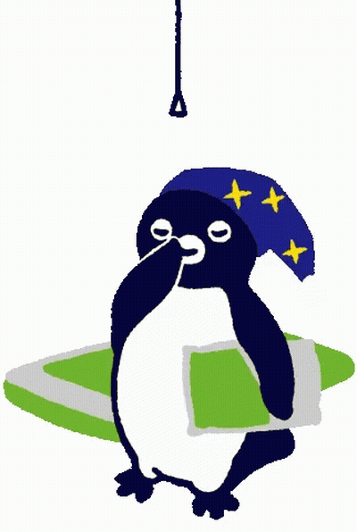 A Penguin Wearing A Sleep Cap Is Hanging From A Rope . GIF