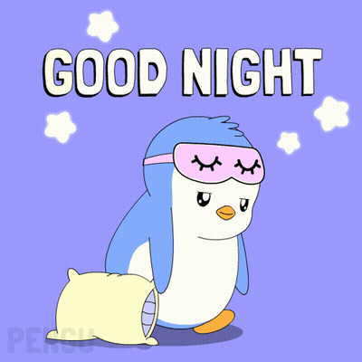 A Penguin Wearing A Sleep Mask And Holding A Pillow Says " Good Night " GIF