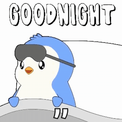 A Penguin Wearing A Sleep Mask Is Laying In Bed With The Words `` Goodnight '' Written Above It . GIF