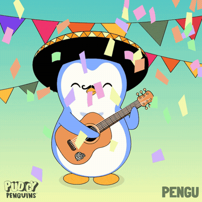 A Penguin Wearing A Sombrero Is Playing A Guitar With The Name Pengu On The Bottom GIF