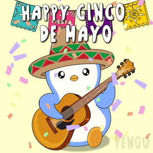 A Penguin Wearing A Sombrero Is Playing A Guitar With The Words Happy Cinco De Mayo In The Background GIF