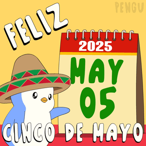 A Penguin Wearing A Sombrero Stands Next To A Calendar That Says May 05 GIF