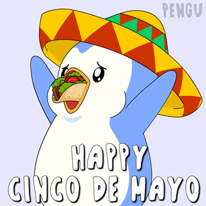 A Penguin Wearing A Sombrero With A Taco In Its Mouth And The Words Happy Cinco De Mayo GIF