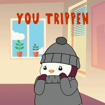 A Penguin Wearing A Sweater And Hat Is Standing In Front Of A Window With The Words You Trippen Written Above It GIF