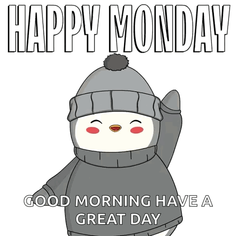 A Penguin Wearing A Sweater And Hat Says Happy Monday GIF