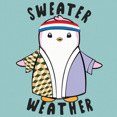 A Penguin Wearing A Sweater And Scarf With The Words Sweater Weather Written Below It GIF