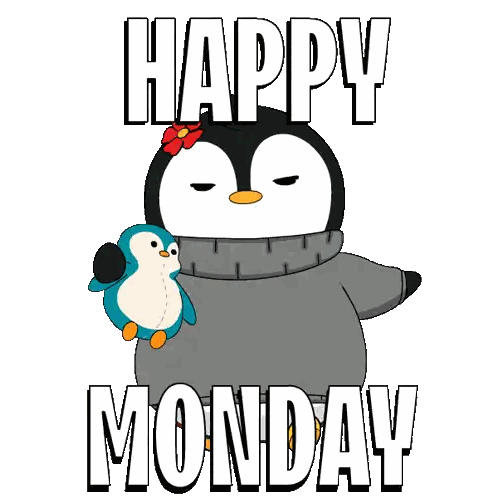 A Penguin Wearing A Sweater Is Holding A Stuffed Penguin With The Words Happy Monday Below It Sticker