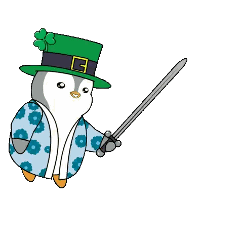 A Penguin Wearing A Top Hat And Kimono Is Holding A Sword In Front Of Some Shamrocks Sticker