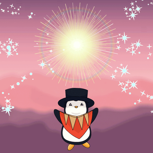 A Penguin Wearing A Top Hat And Scarf Stands In Front Of A Firework Display GIF