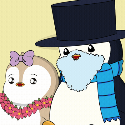 A Penguin Wearing A Top Hat And Scarf Stands Next To A Penguin Wearing A Flower Lei GIF