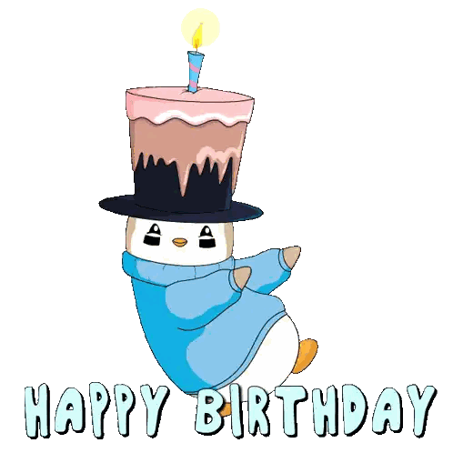 A Penguin Wearing A Top Hat Is Holding A Birthday Cake With A Candle Sticker