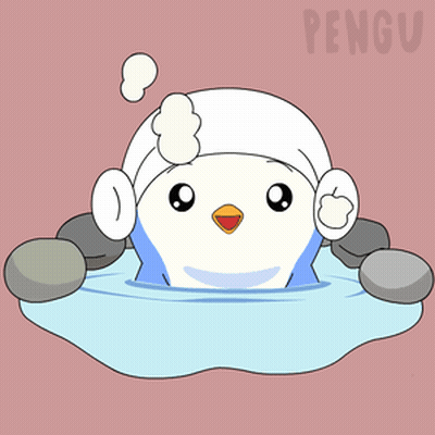 A Penguin Wearing A Towel On Its Head Is In A Puddle Of Water GIF