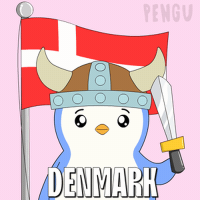 A Penguin Wearing A Viking Hat Is Holding A Sword And A Flag With Denmark Written Below It GIF