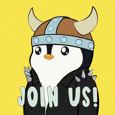 A Penguin Wearing A Viking Helmet And A Jacket That Says " Join Us " GIF