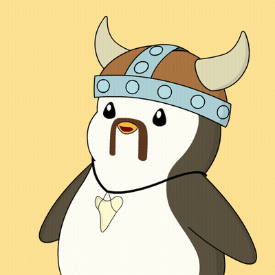 A Penguin Wearing A Viking Helmet And A Necklace GIF