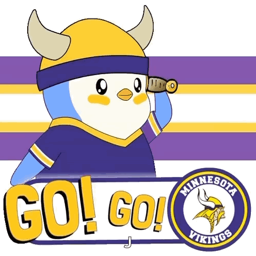 A Penguin Wearing A Viking Helmet Is Looking Through A Telescope With The Minnesota Vikings Logo Behind Him GIF
