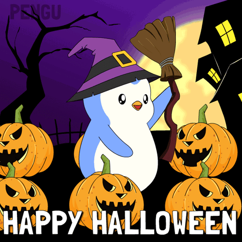 A Penguin Wearing A Witch Hat Is Surrounded By Pumpkins And The Words Happy Halloween GIF